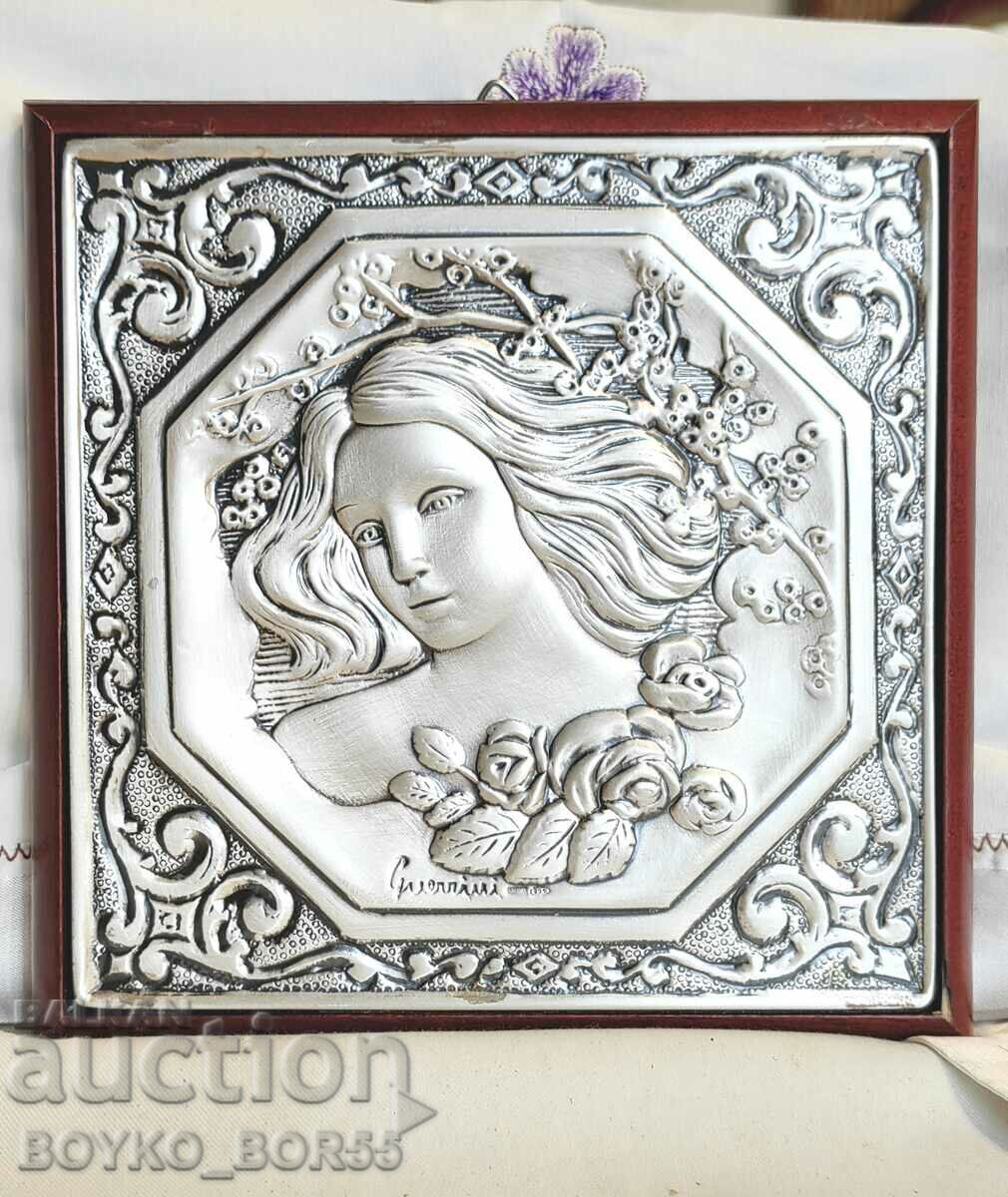 Vintage Bas-Relief Silver Painting "Madonna" by Pietro Guerini