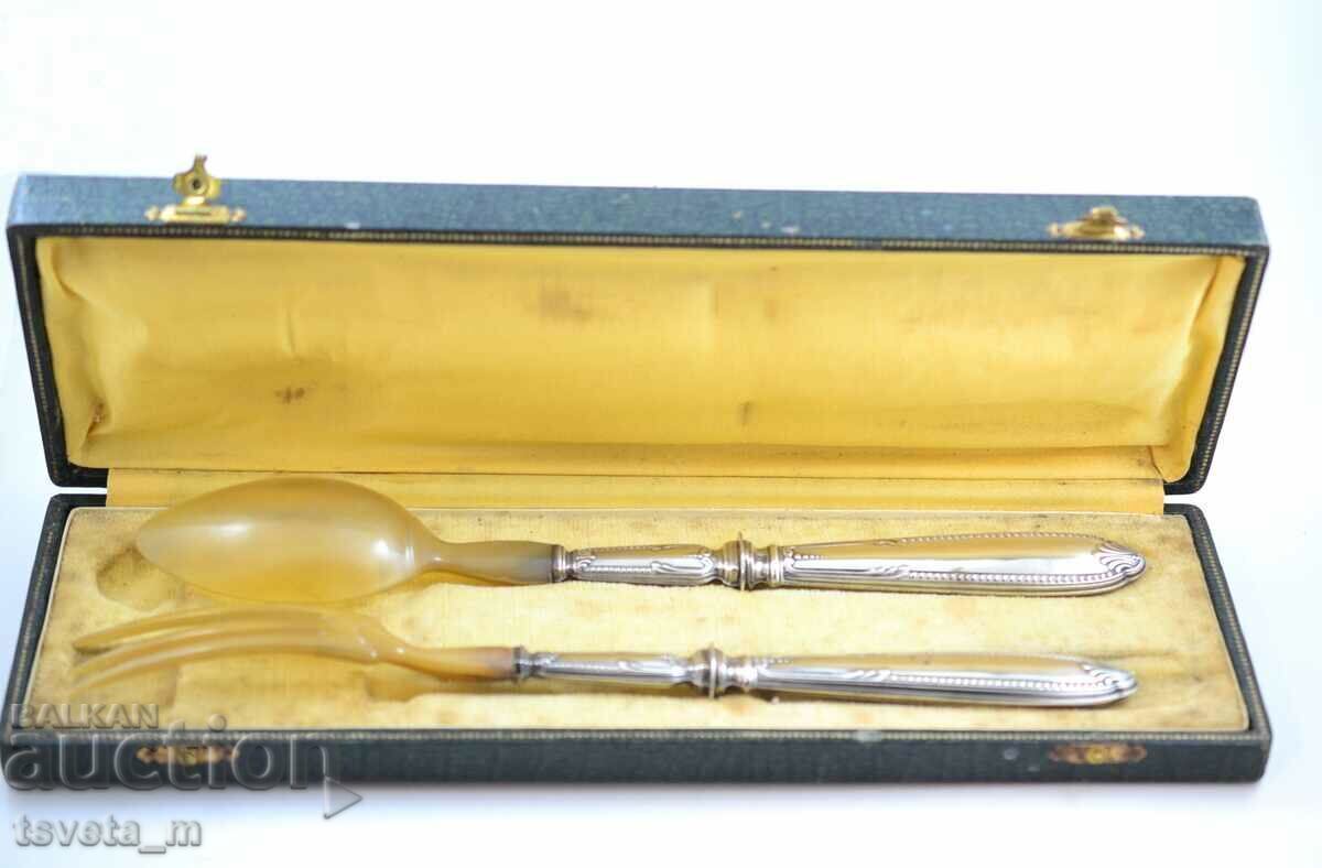 Set salatieră franțuzească din metal argintat și corn