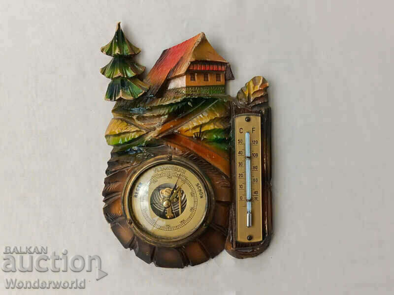 German weather station barometer with thermometer carving German weather station barometer with thermometer carving