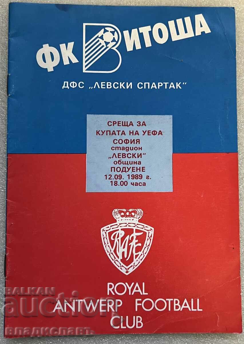 program fotbal Levski - Anvers 1989 Cupa UEFA