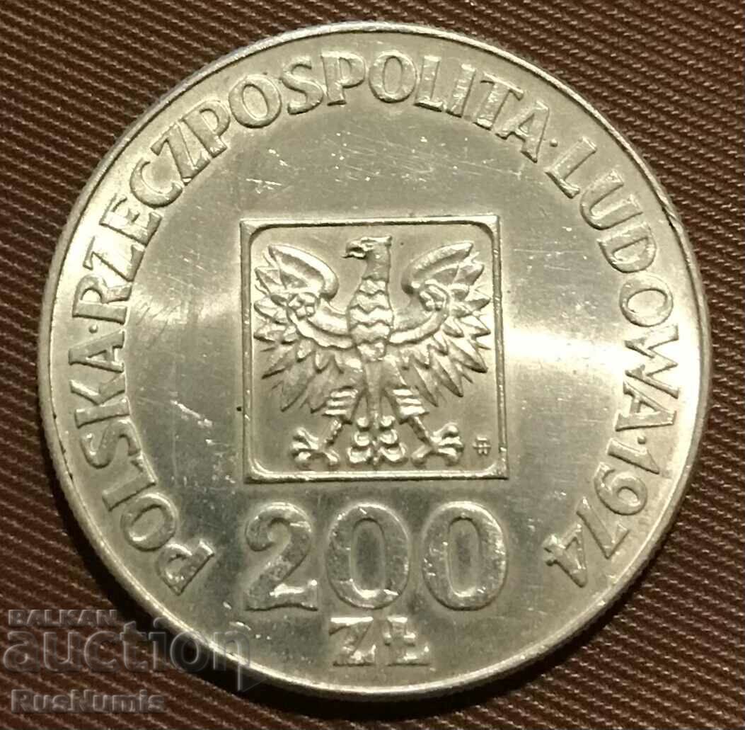 Полша.200 злоти 1974 г.30 год.народна република.Сребро.UNC.