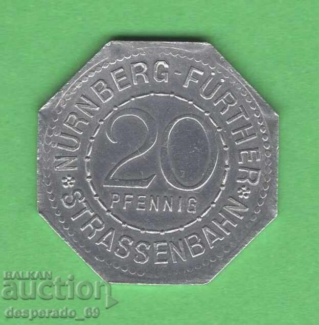 (¯`'•.¸ 20 пфенига 1921 ГЕРМАНИЯ (Nürnberg-Fürth ) aUNC 2 с цена 6.00 лв. | € 3.07 (¯`'•.¸ 20 пфенига 1921 ГЕРМАНИЯ (Nürnberg-Fürth ) aUNC 2 с цена 6.00 лв. | € 3.07
