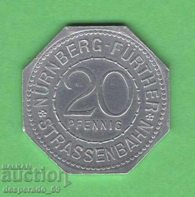 (¯`'•.¸   20 пфенига 1921  ГЕРМАНИЯ (Nürnberg-Fürth ) aUNC17 с цена € 4.00 | 7.82 лв.