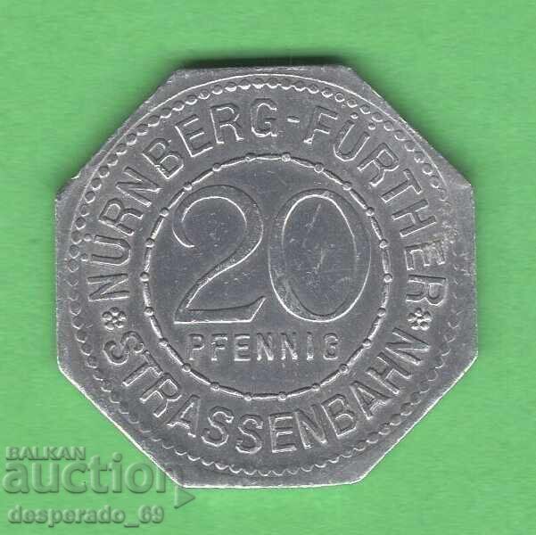 (¯`'•.¸   20 пфенига 1921  ГЕРМАНИЯ (Nürnberg-Fürth ) aUNC 5 с цена € 4.00 | 7.82 лв.