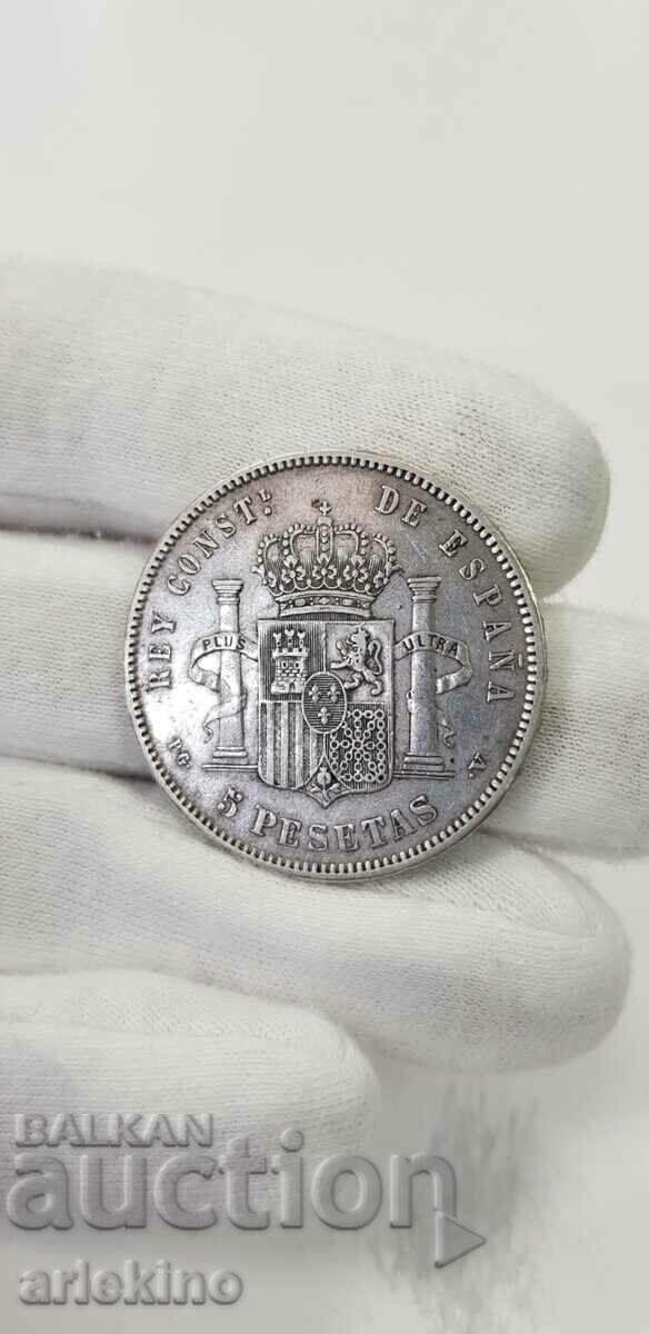 Rare silver coin 5 pesetas 1894 Spain with price 90.00 BGN | € 46.02