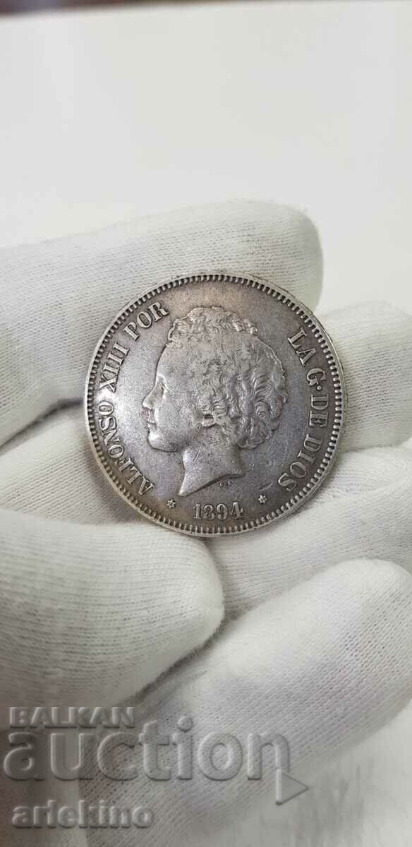 Auction  Rare silver coin 5 pesetas 1894 Spain