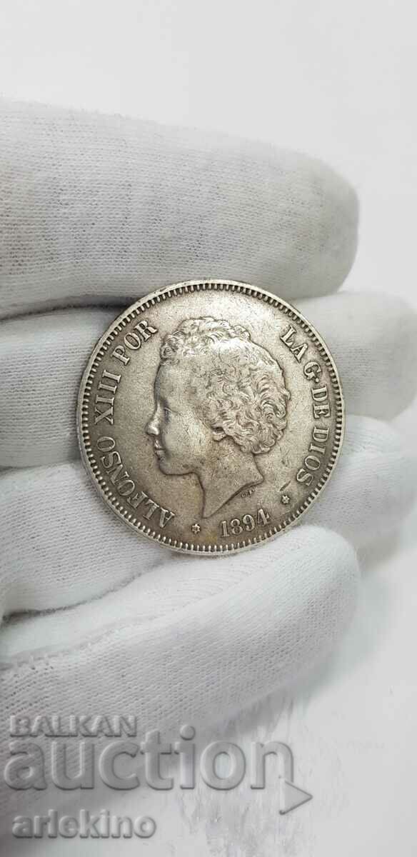 Delivery of Rare silver coin 5 pesetas 1894 Spain