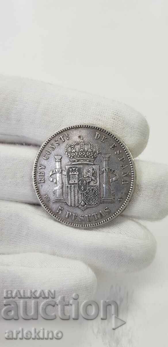 Rare silver coin 5 pesetas 1894 Spain - 5