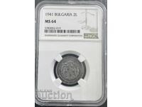 2 лева 1941 MS 64 NGS