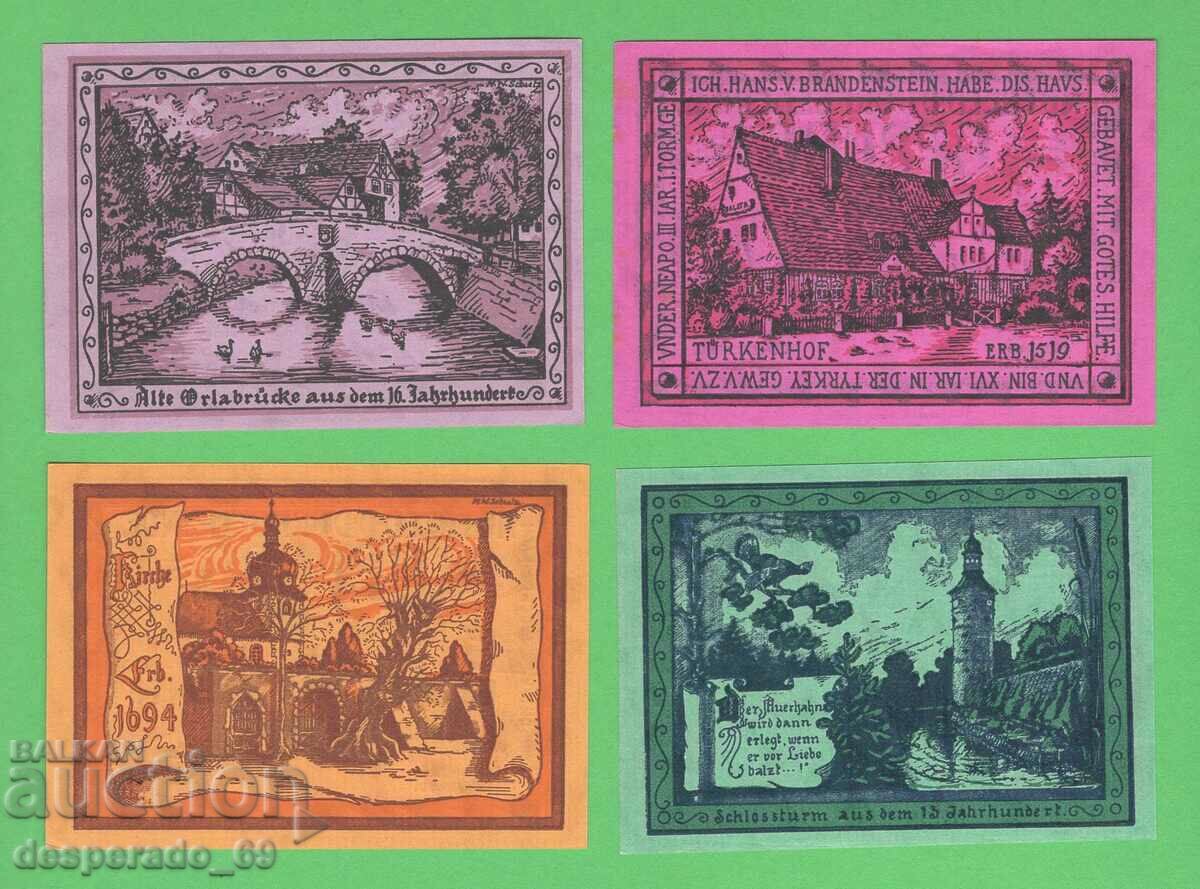 (¯`'•.¸NOTGELD (City of Oppurg) 1921 UNC -4 pcs. banknotes¸.•'´¯)