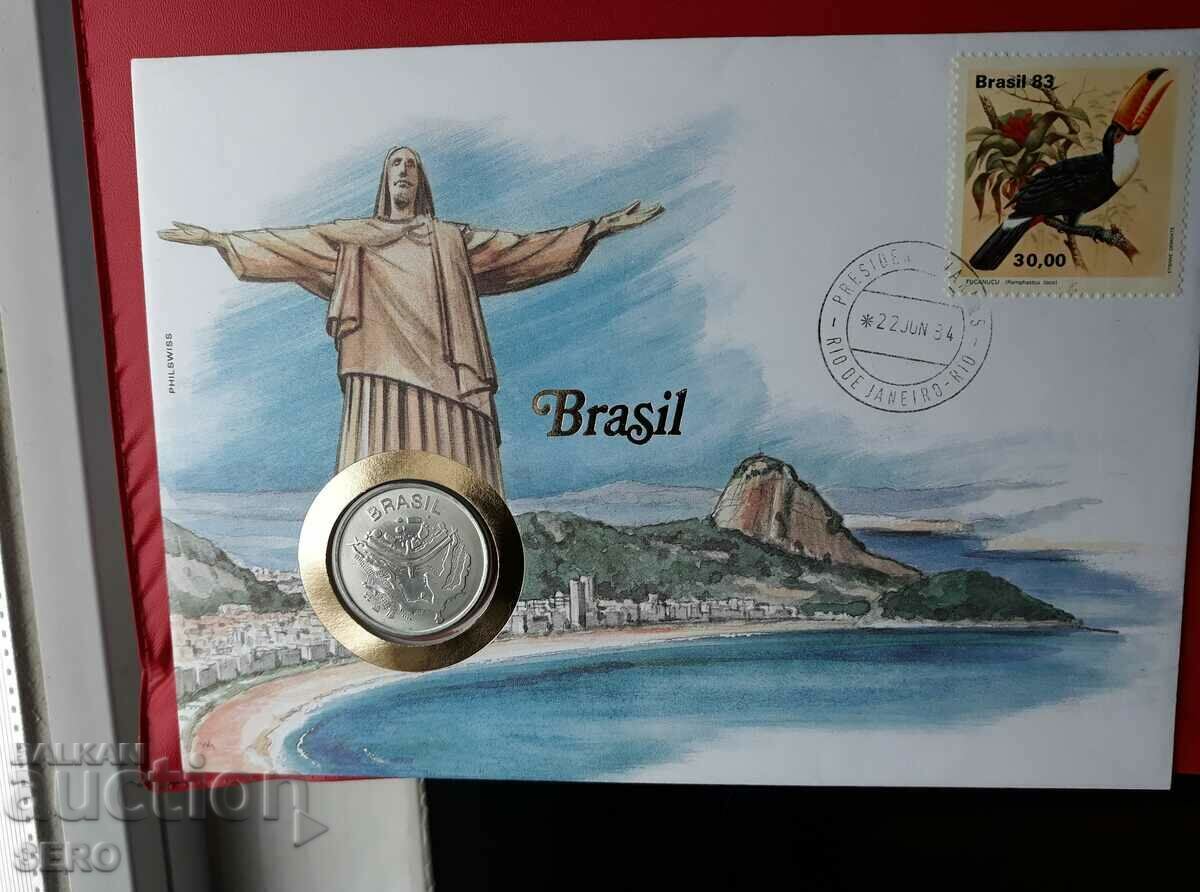 Brazil-50 cruzeiros 1984 and postage stamp in a beautiful envelope