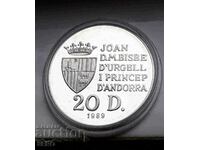 Andorra-20 dinars 1989-silver and rare-circulation 15,000 pcs