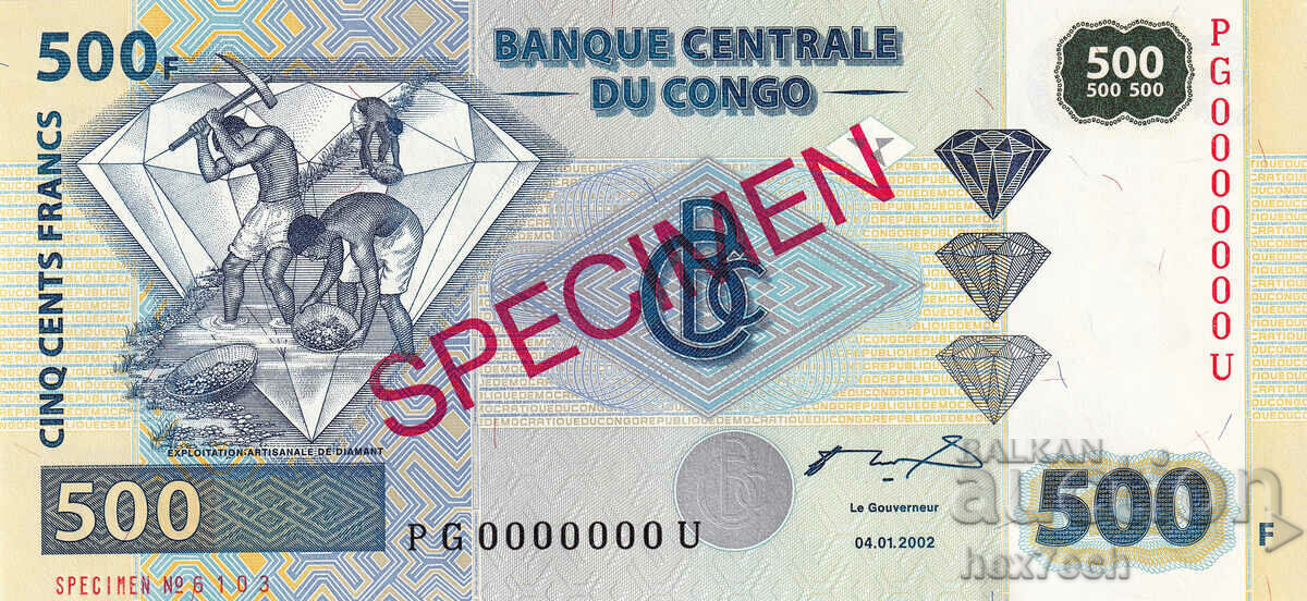 ❤️ ⭐ Congo DR 2002 500 francs Specimen Specimen UNC new ⭐ ❤️ with price 29.99 BGN | € 15.33