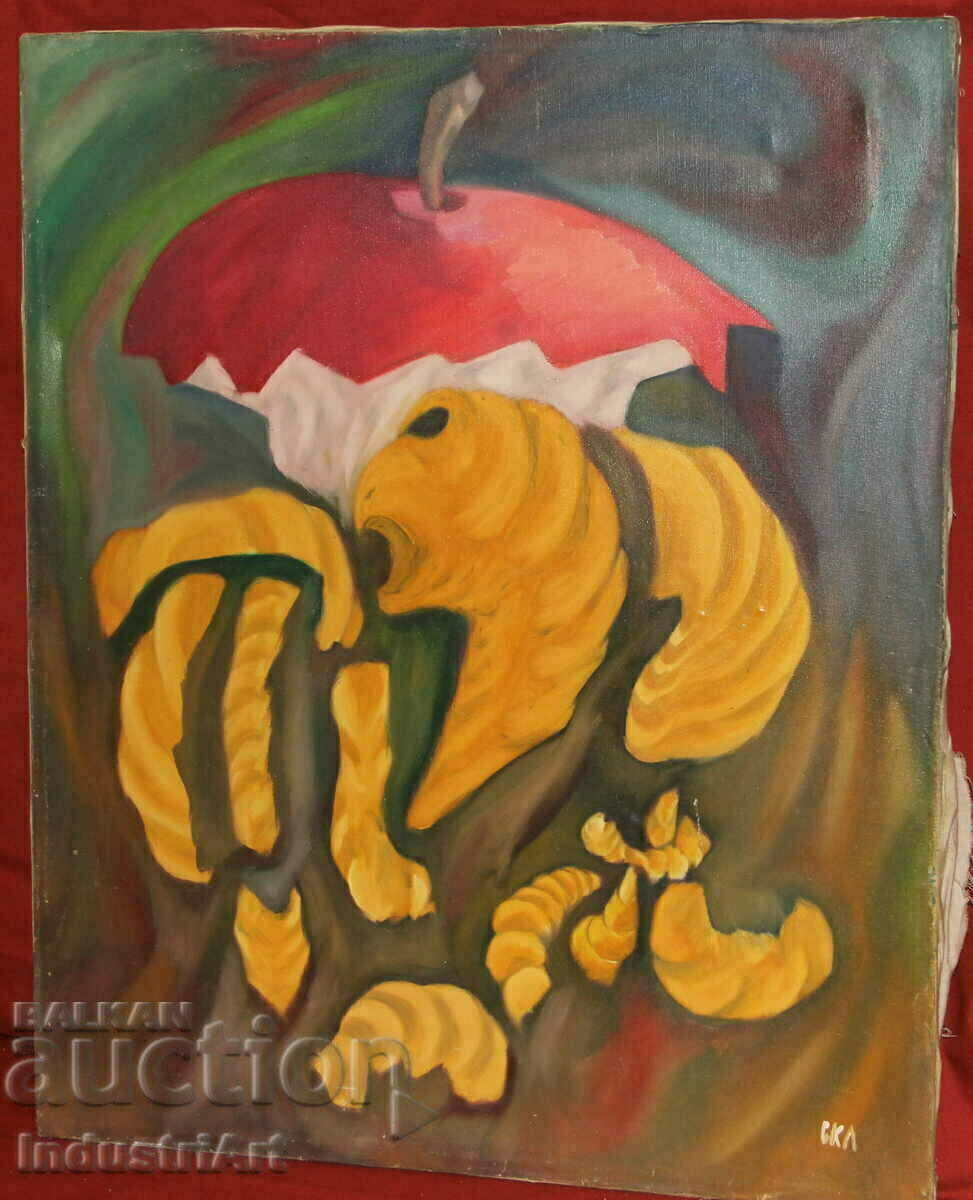 Surrealist painting rotten apple with worms still life with price 400.00 BGN | € 204.52 Surrealist painting rotten apple with worms still life with price 400.00 BGN | € 204.52
