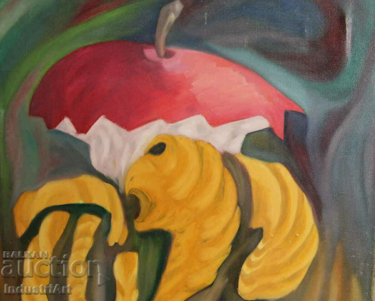 Auction Surrealist painting rotten apple with worms still life Auction Surrealist painting rotten apple with worms still life