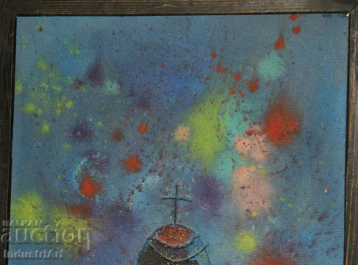 Auction Oil painting collage landscape with church Auction Oil painting collage landscape with church