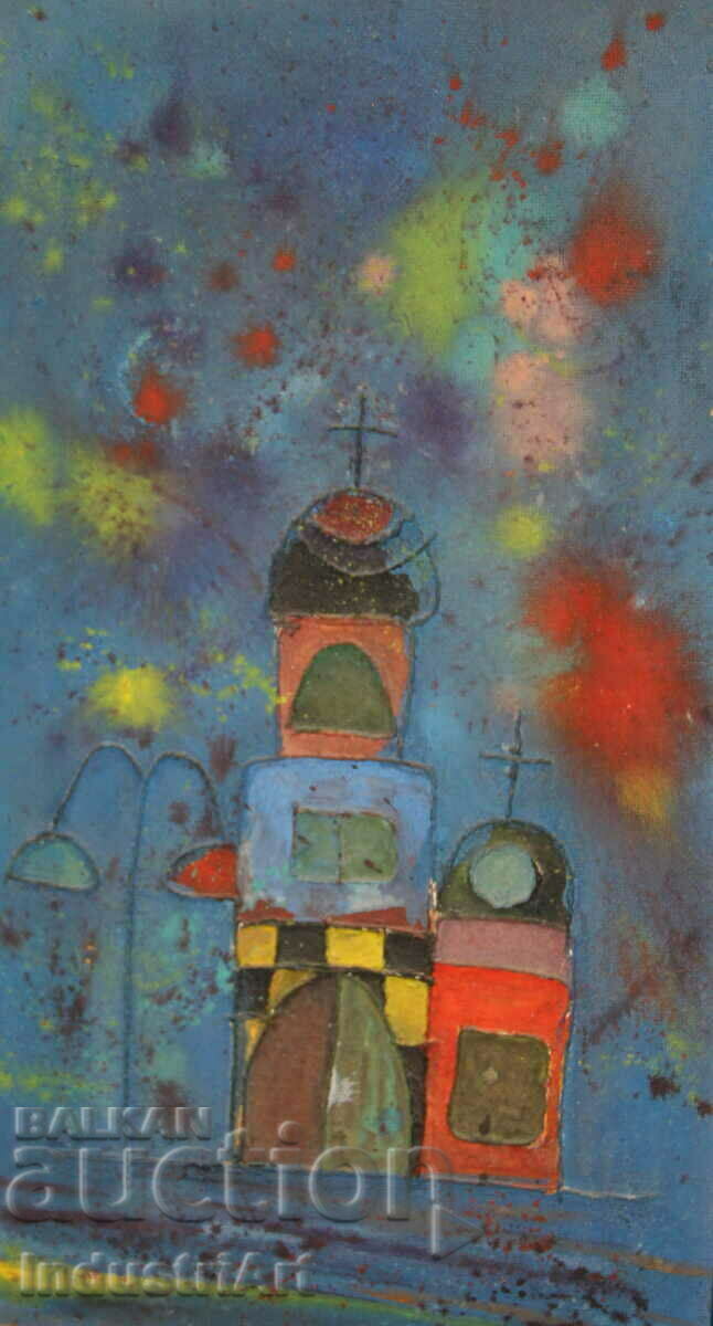 Oil painting collage landscape with church Oil painting collage landscape with church