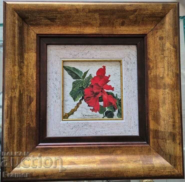 Petar Momchilov Hibiscus 2015 Vopsele unice in miniatura in ulei