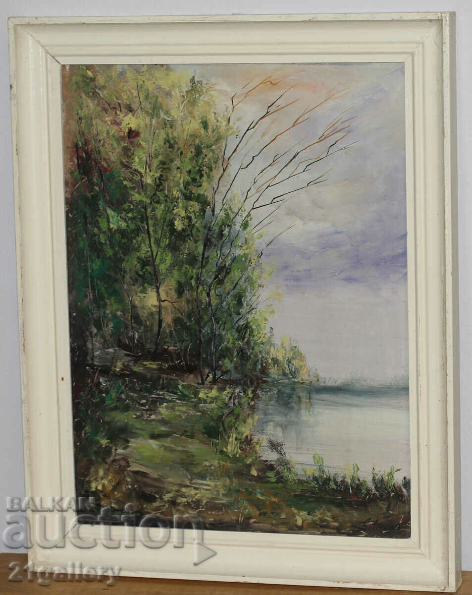 Auction  River landscape oil paints, signed