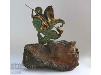 Saint George and the dragon, sculpture, bronze on jasper base