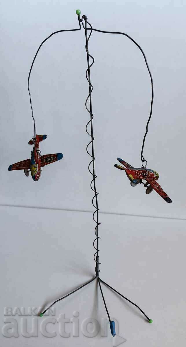 . VERY OLD TOY SHEET METAL PLANES ON PLANE STAND . VERY OLD TOY SHEET METAL PLANES ON PLANE STAND
