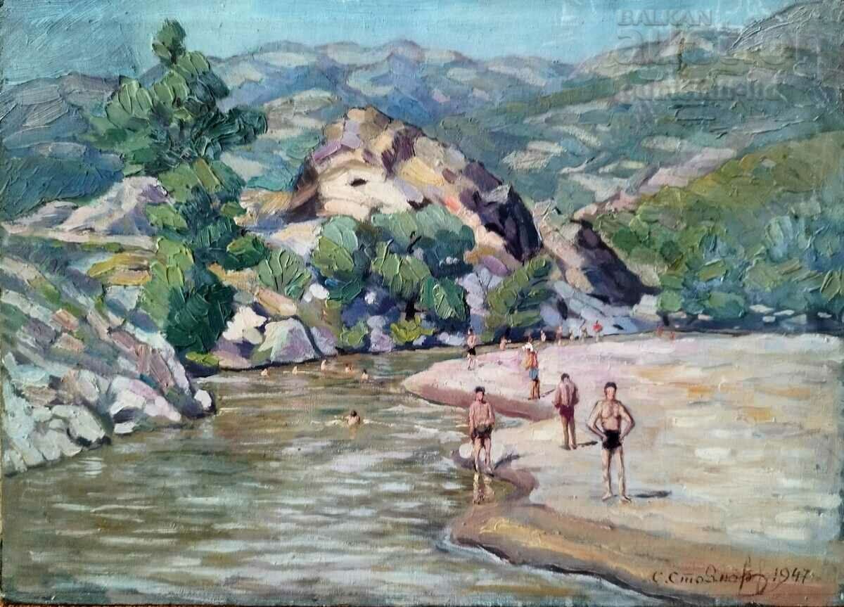 Picture, landscape, river, art. S. Stoyanov, 1947