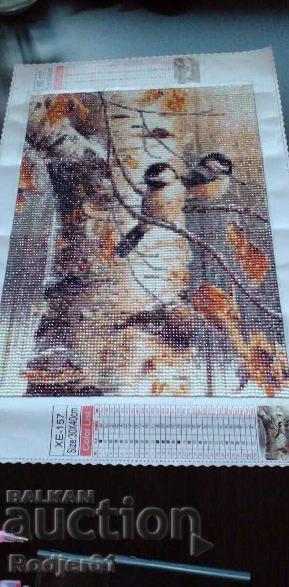 Δημοπρασία Ταπισερί, παζλ, εικόνα με χάντρες διαμαντιών - πουλιά σε σημύδα