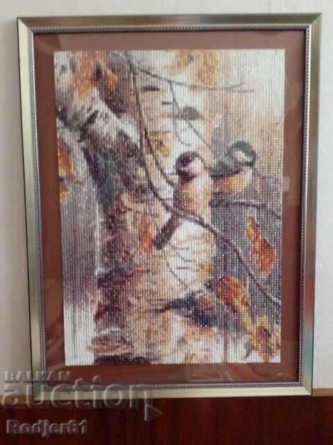 Ταπισερί, παζλ, εικόνα με χάντρες διαμαντιών - πουλιά σε σημύδα Ταπισερί, παζλ, εικόνα με χάντρες διαμαντιών - πουλιά σε σημύδα