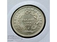 Турция 750 000 лири 2002 UNC ФАО - коза