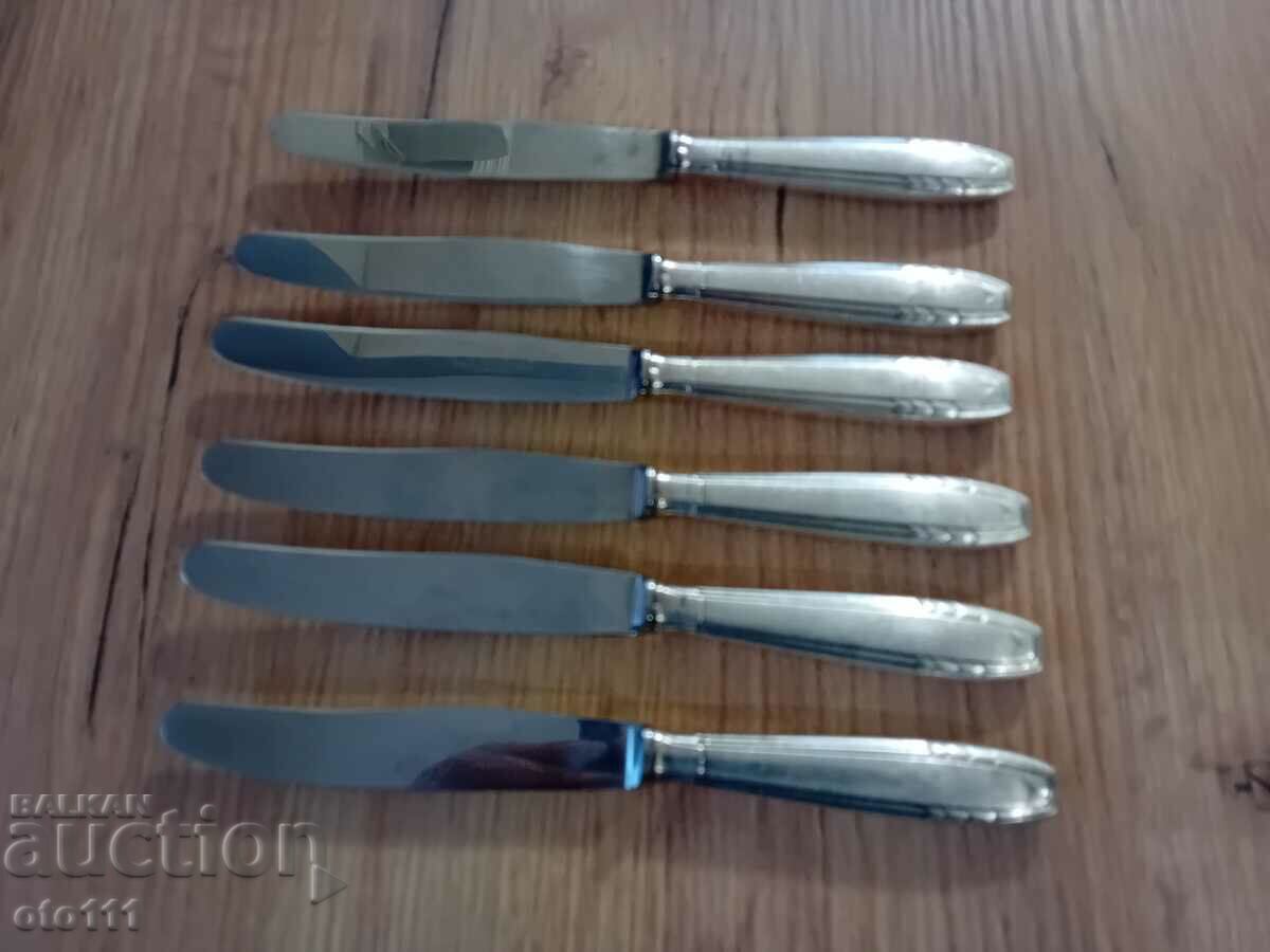 OLD SILVER PLATED EATING KNIVES - 6 pieces