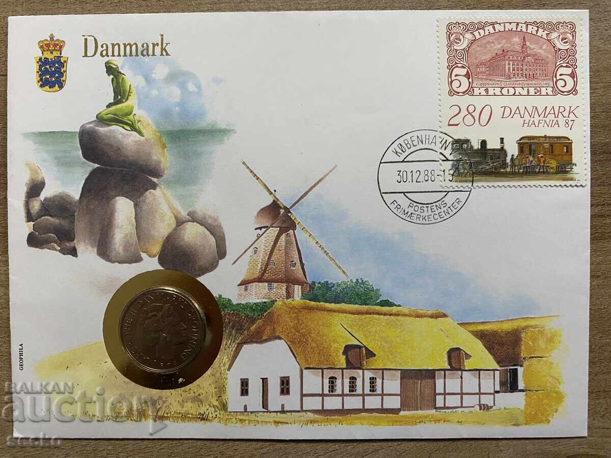 Пощенски плик с монета /Numisbrief/ - Дания/Denmark - 1988