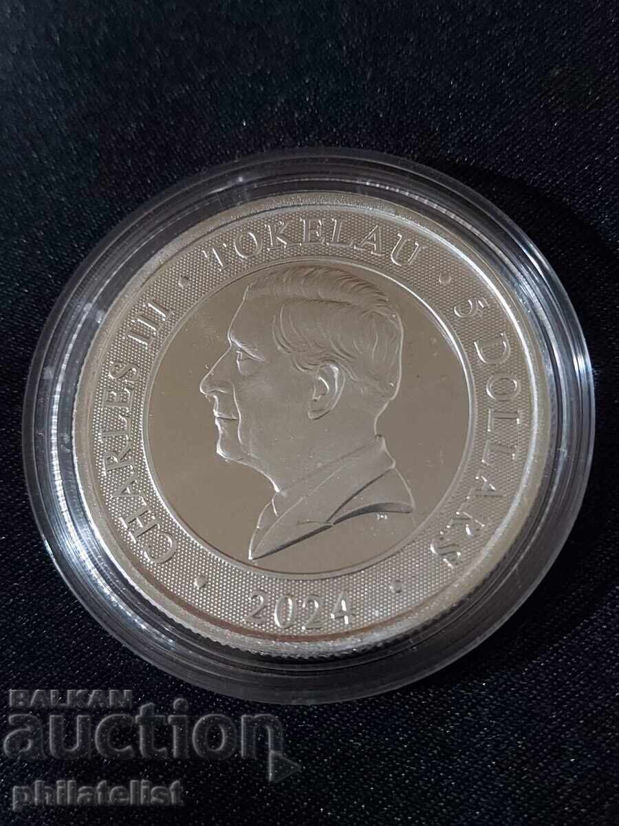 Licitație Tokelau 2024 - 5 dolari - Crocodil - 1 OZ , Monedă de argint