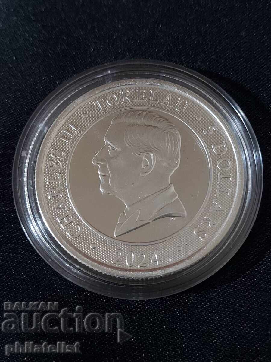 Livrarea Tokelau 2024 - 5 dolari - Crocodil - 1 OZ , Monedă de argint