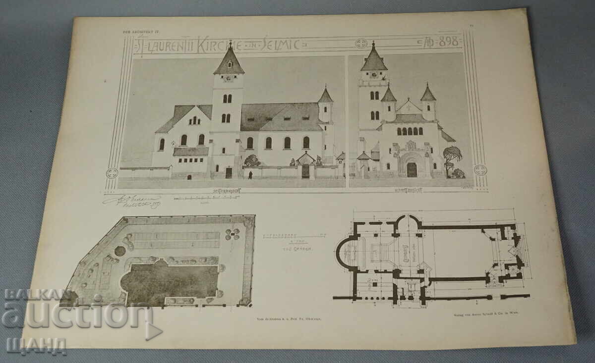 1900 Βιέννη Αρχιτεκτονική λιθογραφία εκκλησίας παρεκκλησιού