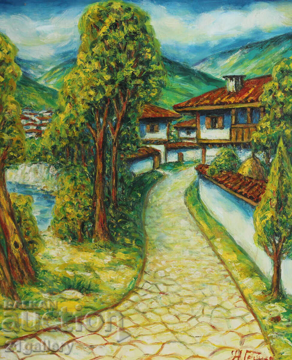 Nikolay Genchev Landscape with houses, oil paints, signed with price 450.00 BGN | € 230.08 Nikolay Genchev Landscape with houses, oil paints, signed with price 450.00 BGN | € 230.08
