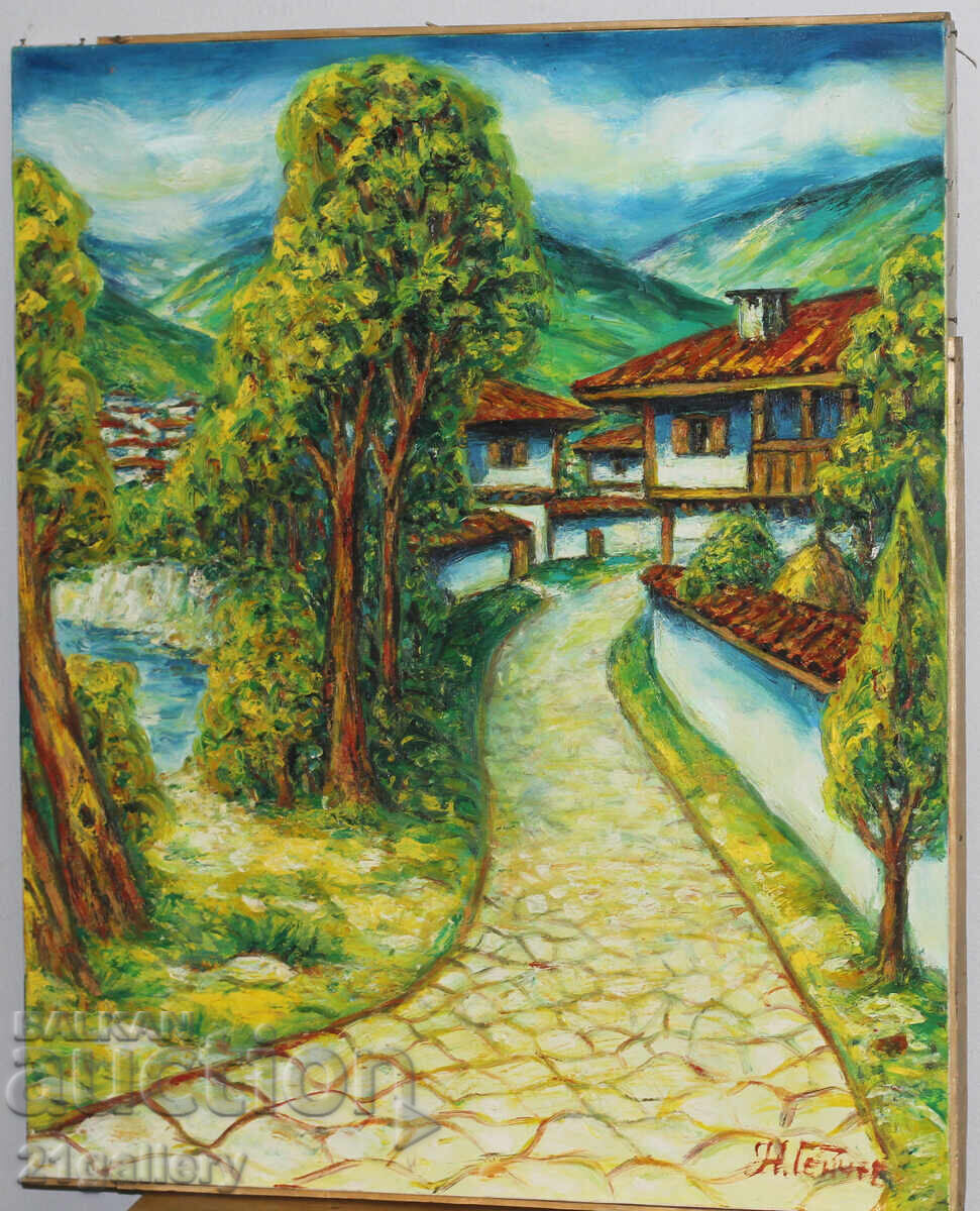 Auction Nikolay Genchev Landscape with houses, oil paints, signed Auction Nikolay Genchev Landscape with houses, oil paints, signed
