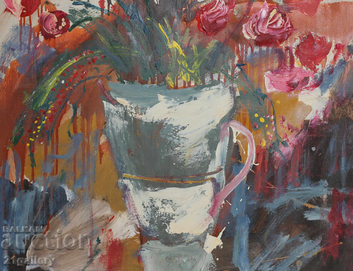 Still life vase with roses, oil paintings, signed - 6 Still life vase with roses, oil paintings, signed - 6