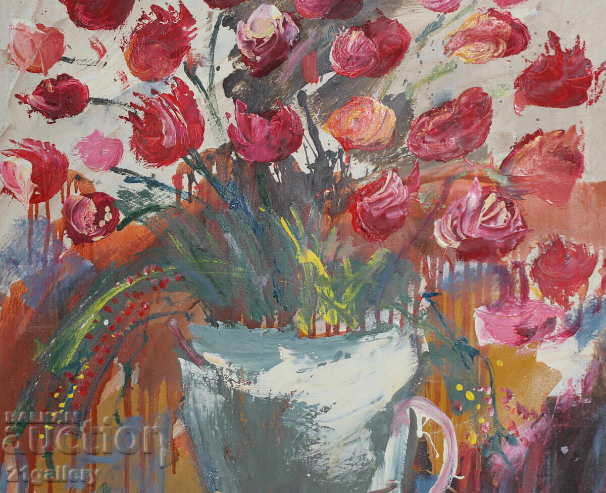 Still life vase with roses, oil paintings, signed - 7 Still life vase with roses, oil paintings, signed - 7