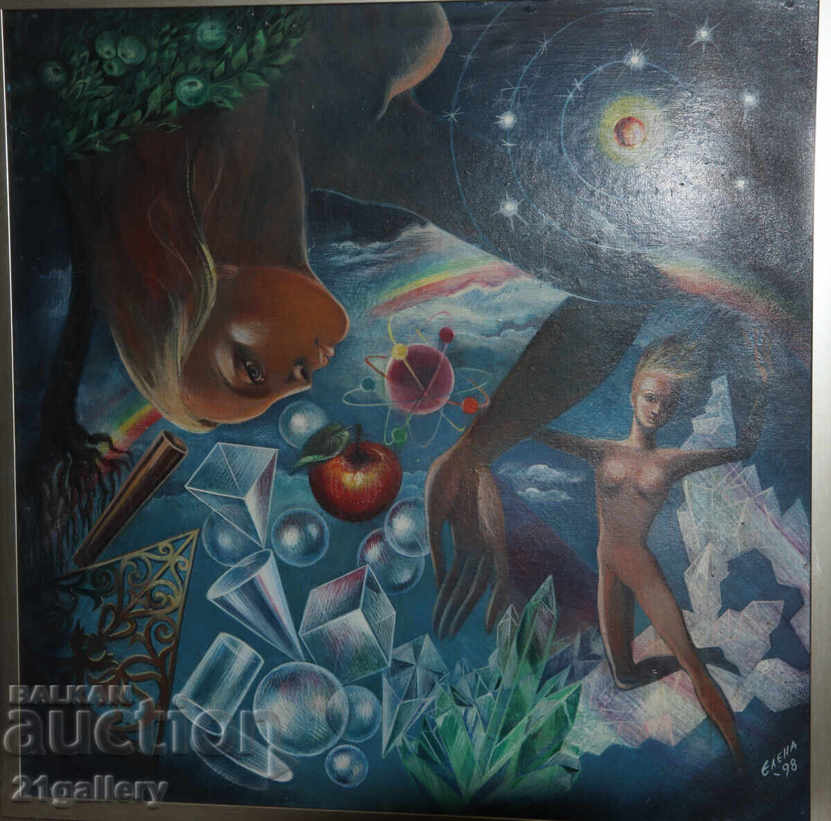 Auction Abstract figurative composition, oil paints, signed 98. Auction Abstract figurative composition, oil paints, signed 98.