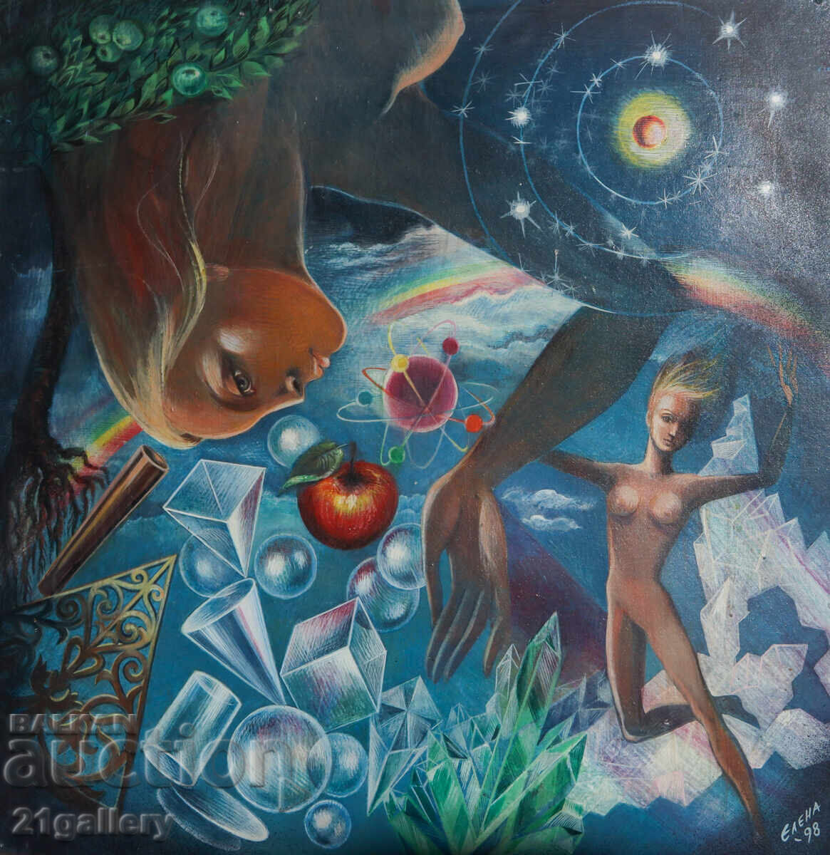 Abstract figurative composition, oil paints, signed 98. Abstract figurative composition, oil paints, signed 98.