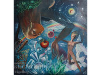 Abstract figurative composition, oil paints, signed 98.