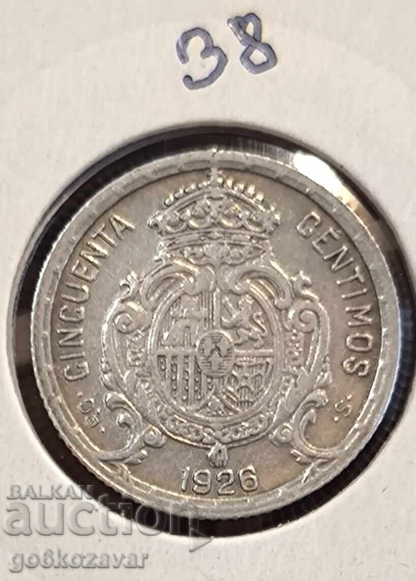 Spain 50 centimo 1926 Silver! UNC