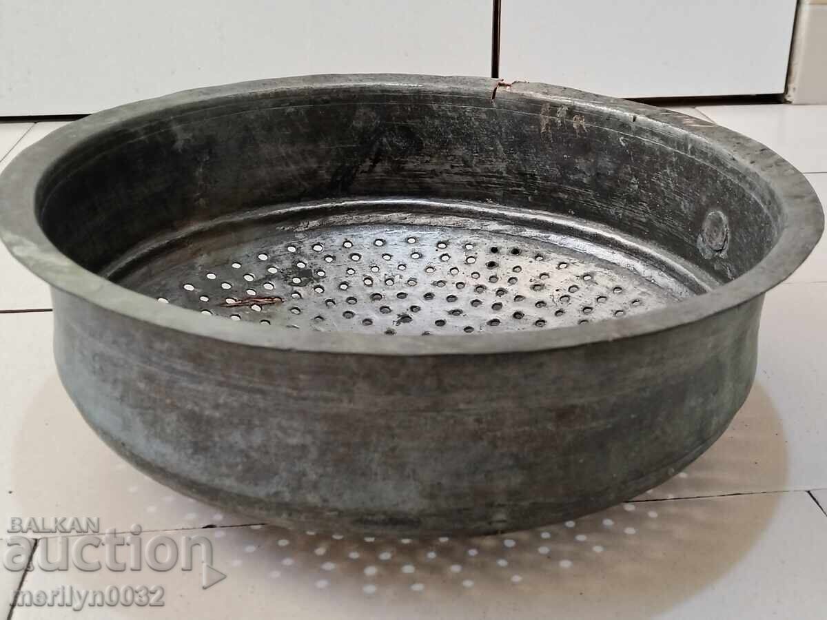 Османски бакърен гевгир меден съд, бакър цедка котел купел - 5 Османски бакърен гевгир меден съд, бакър цедка котел купел - 5