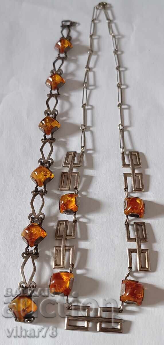 Old silver lot of necklace and bracelet with amber, 835 sample - 5 Old silver lot of necklace and bracelet with amber, 835 sample - 5