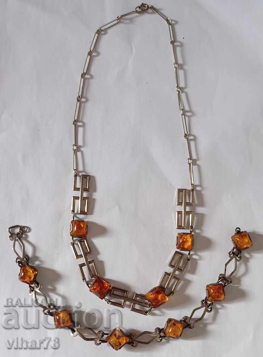 Old silver lot of necklace and bracelet with amber, 835 sample - 6 Old silver lot of necklace and bracelet with amber, 835 sample - 6