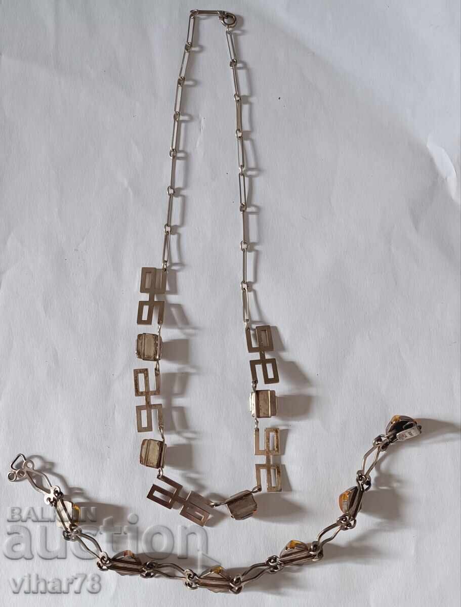 Old silver lot of necklace and bracelet with amber, 835 sample - 7 Old silver lot of necklace and bracelet with amber, 835 sample - 7