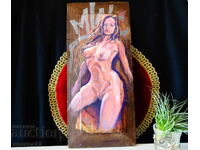 Author's painting, nude, erotica, oil on wood.