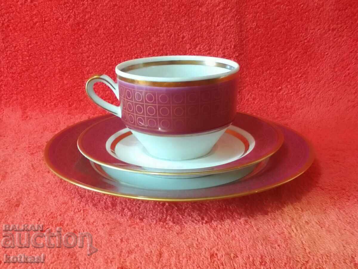Old triple set of cup, 2 plates, gilded Germany GDR GDR with price 35.50 BGN | € 18.15 Old triple set of cup, 2 plates, gilded Germany GDR GDR with price 35.50 BGN | € 18.15