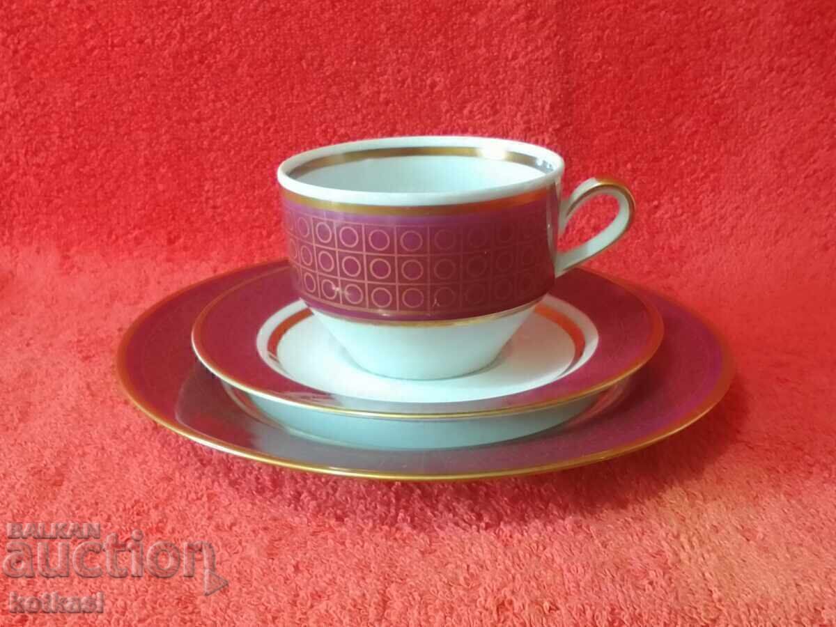 Old triple set of cup, 2 plates, gilded Germany GDR GDR Old triple set of cup, 2 plates, gilded Germany GDR GDR