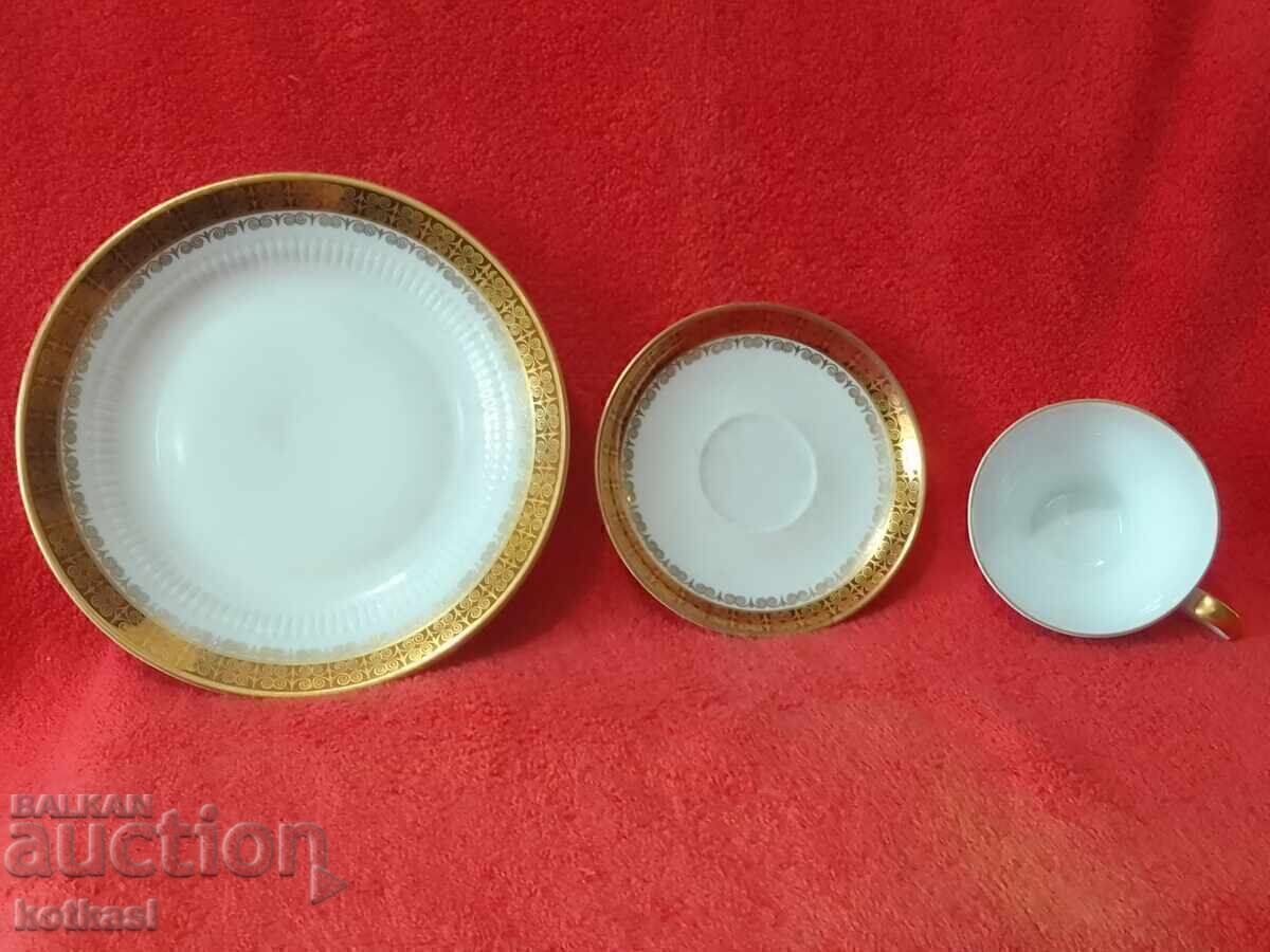 Delivery of Old triple set cup, 2 plates, gilded Germany GDR KAHLA